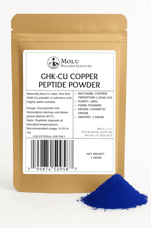 Molu premium GHK-Cu copper peptide powder packaging for premium cosmetic formulations.