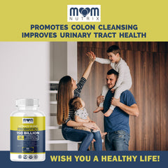 Daily probiotic routine scene with MOM NUTRIX box on a kitchen counter.