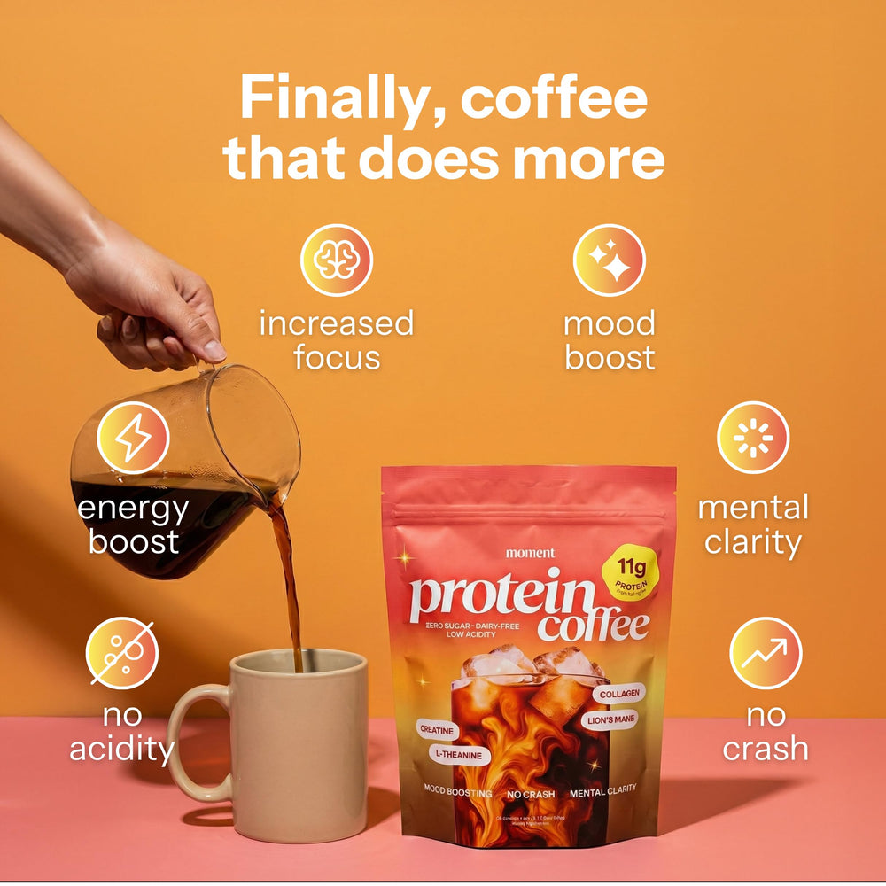 Moment Protein Coffee creatine boost bottle—supports daily strength.