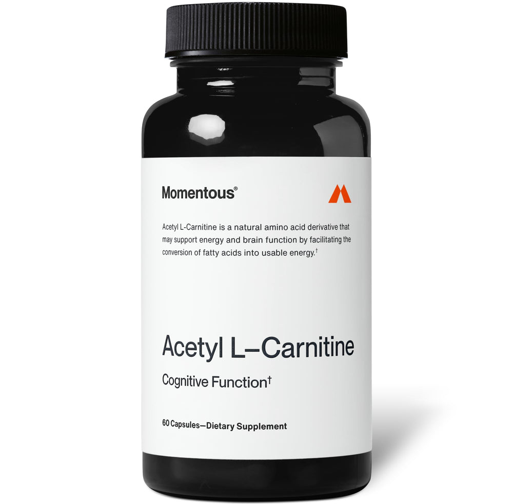 Momentous Acetyl L-Carnitine bottle closeup shows purity for cognitive support.