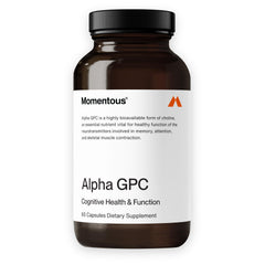 Momentous Alpha GPC bottle, showcasing packaging for cognitive support and athletic performance.