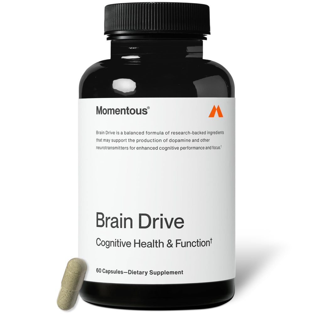 Momentous Brain Drive bottle front shows NSF Certified for Sport for trusted performance.
