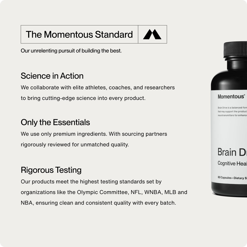 Momentous Brain Drive bottle pour captures convenient dosing for everyday focus.