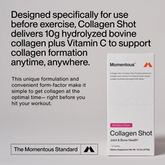 Momentous Collagen Shot ingredients label close-up featuring collagen and vitamin C