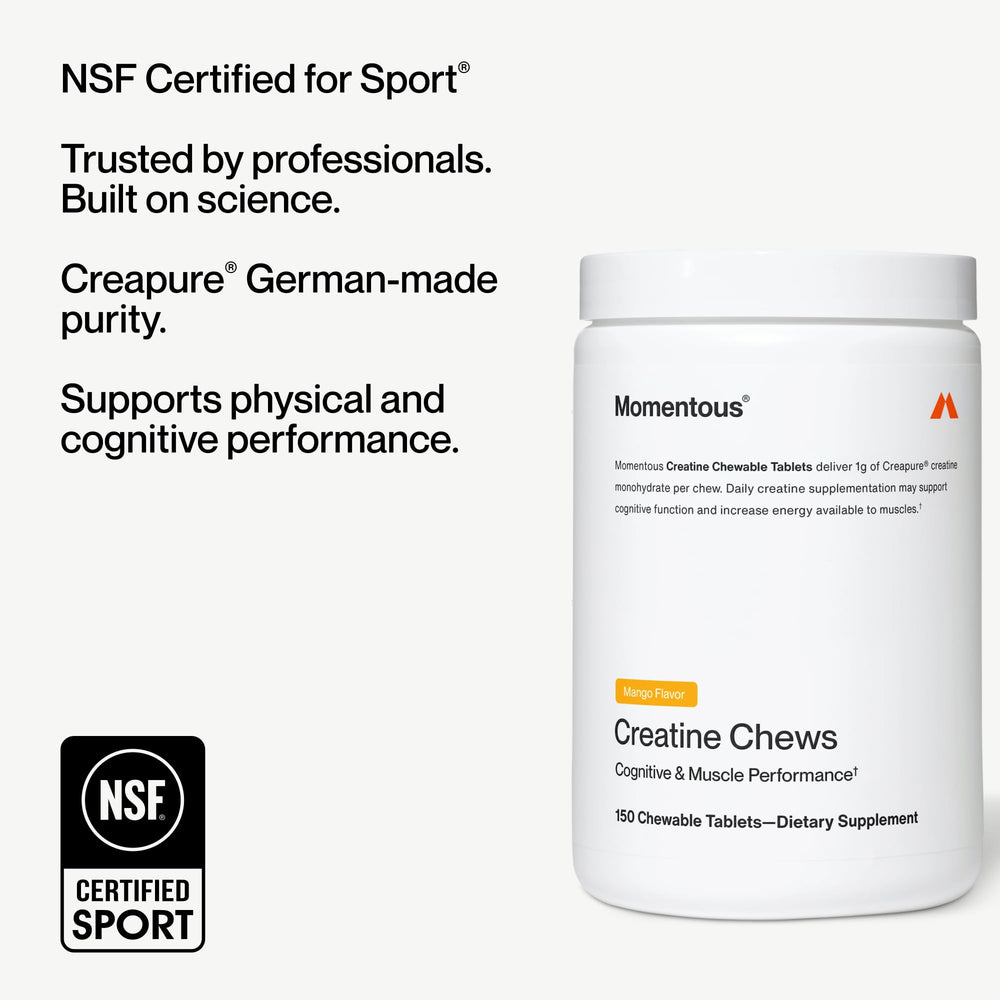 Momentous Creatine Chews held in hand for on-the-go fuel