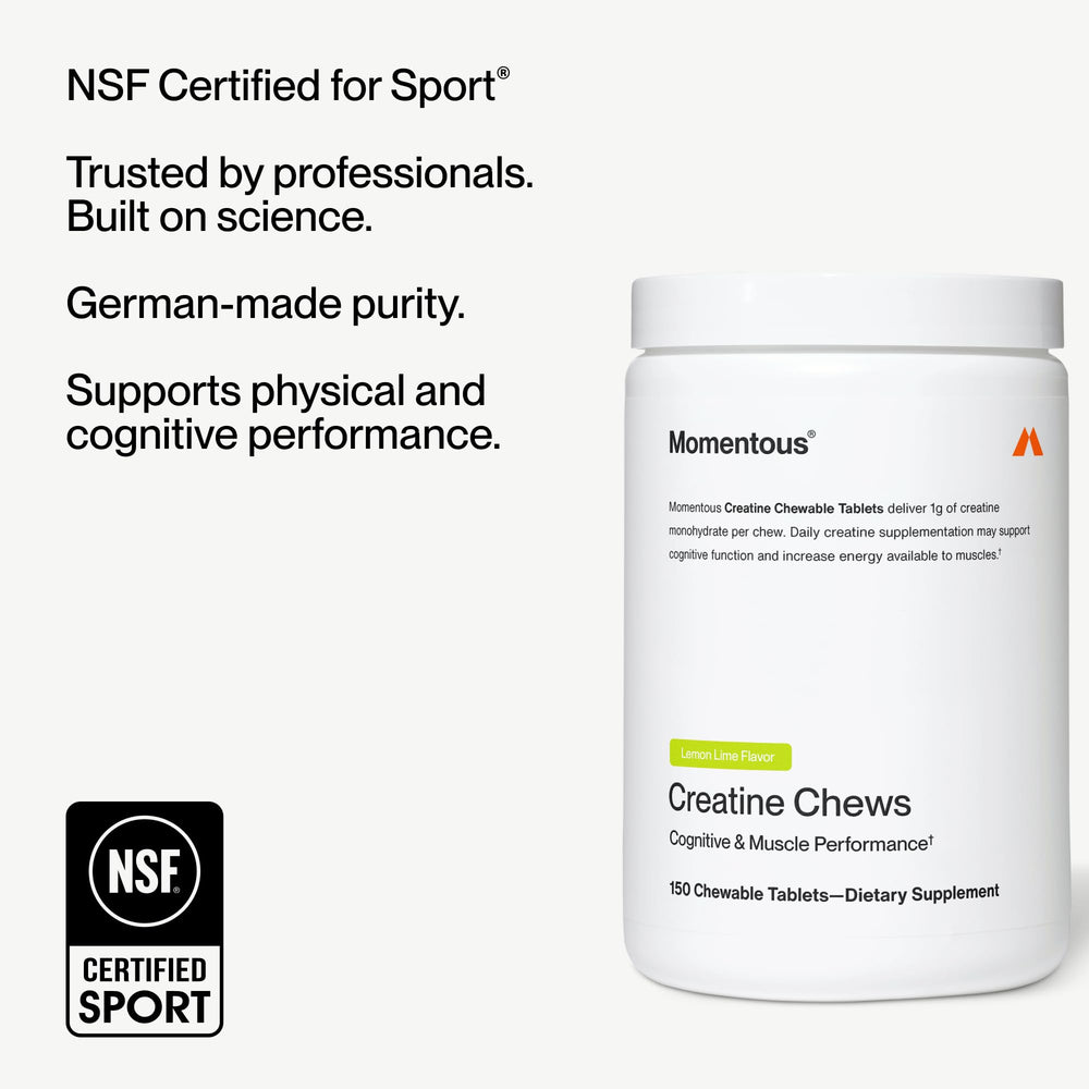 Momentous Creatine Chews lemon-lime flavored tablets for tasty daily supplementation.