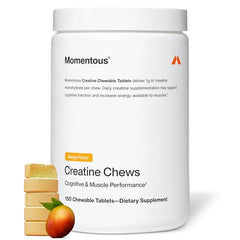 Momentous Creatine Chews mango tablets front view for tasty performance support