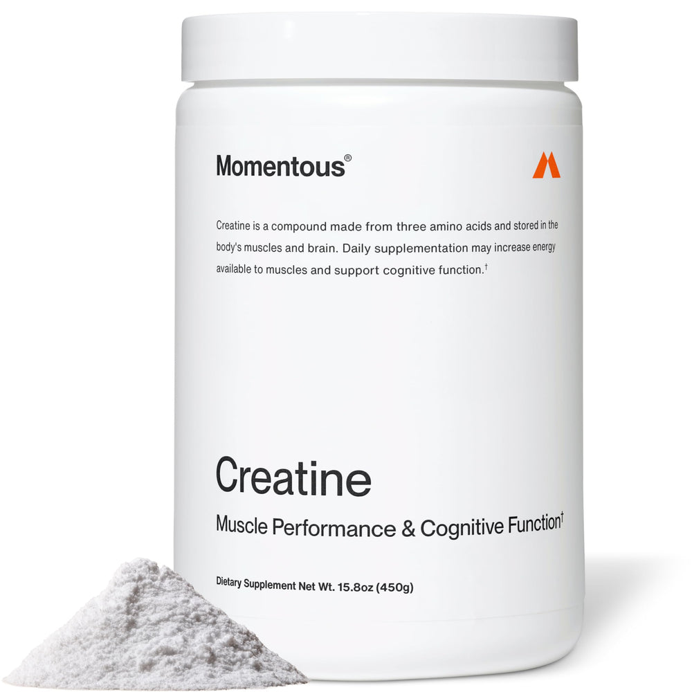Momentous Creatine Monohydrate powder bottle supports lean muscle in daily routines.