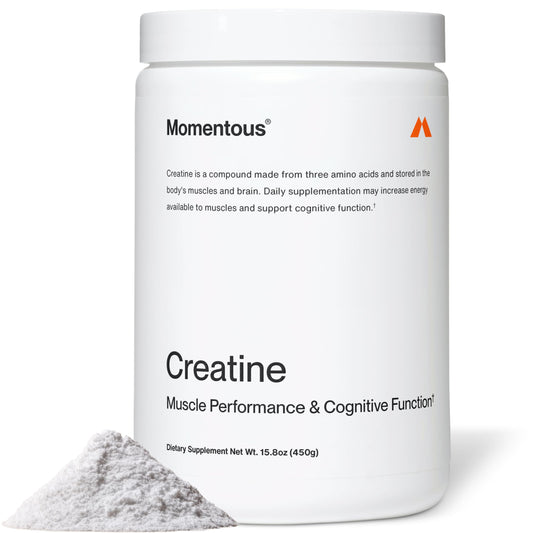 Momentous Creatine Monohydrate powder bottle supports lean muscle in daily routines.