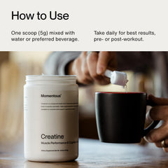 Momentous Creatine Monohydrate canister on gym bench for daily use.