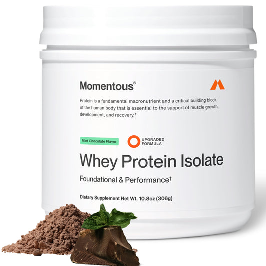 Momentous Essential Grass-Fed Whey jar shows NSF-certified sport purity.