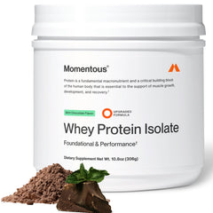 Momentous Essential Grass-Fed Whey jar shows NSF-certified sport purity.