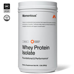 Momentous Essential whey isolate 20g scoop showing protein portion for lean muscle.