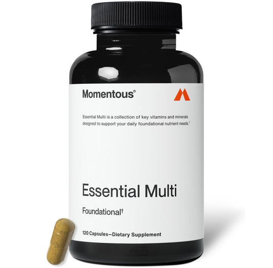 Momentous Essential Multivitamin bottle supports daily nutrition for active adults