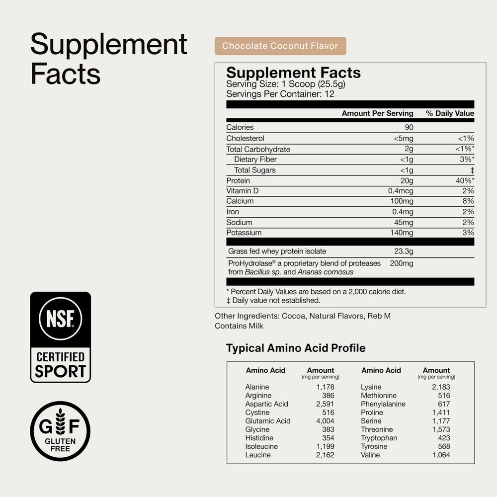 Momentous essential whey chocolate coconut gluten-free label on package