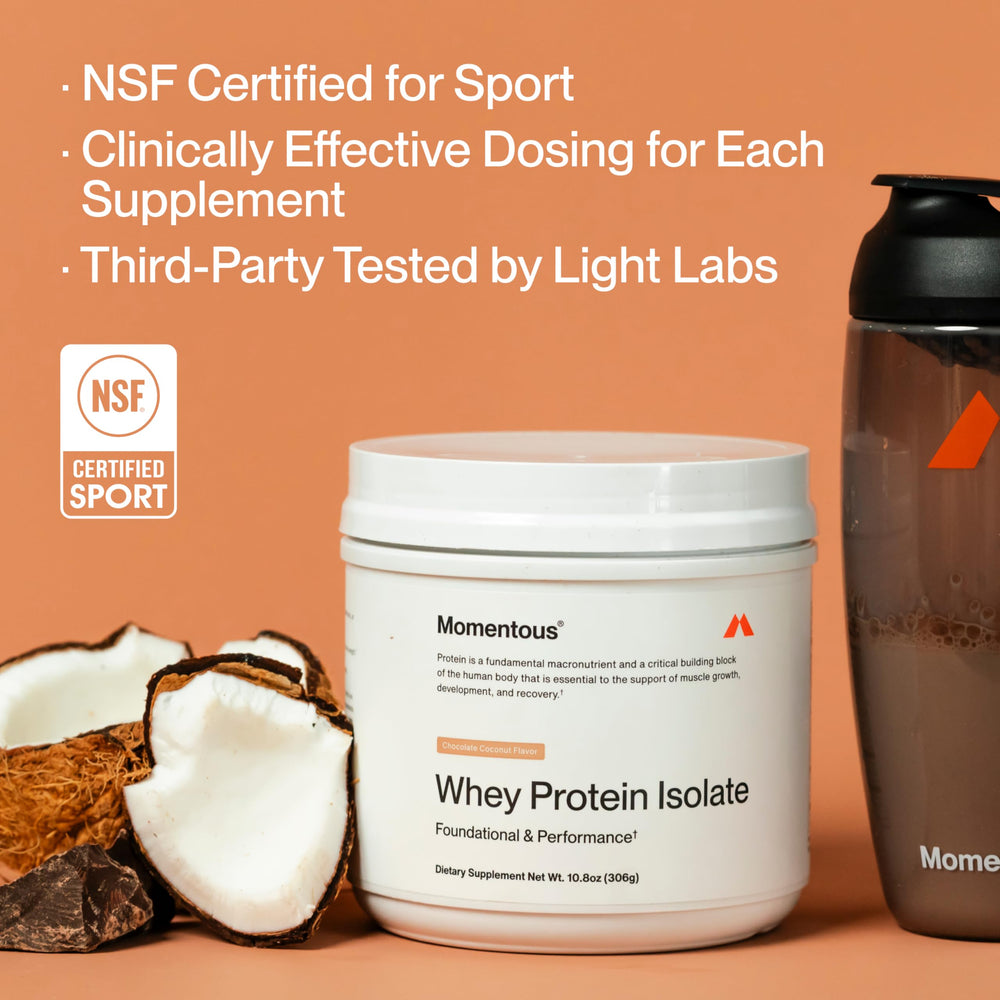 Momentous essential whey chocolate coconut NSF certified stamp signals purity