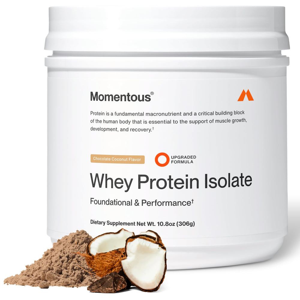 Momentous essential whey chocolate coconut powder tub for a protein boost