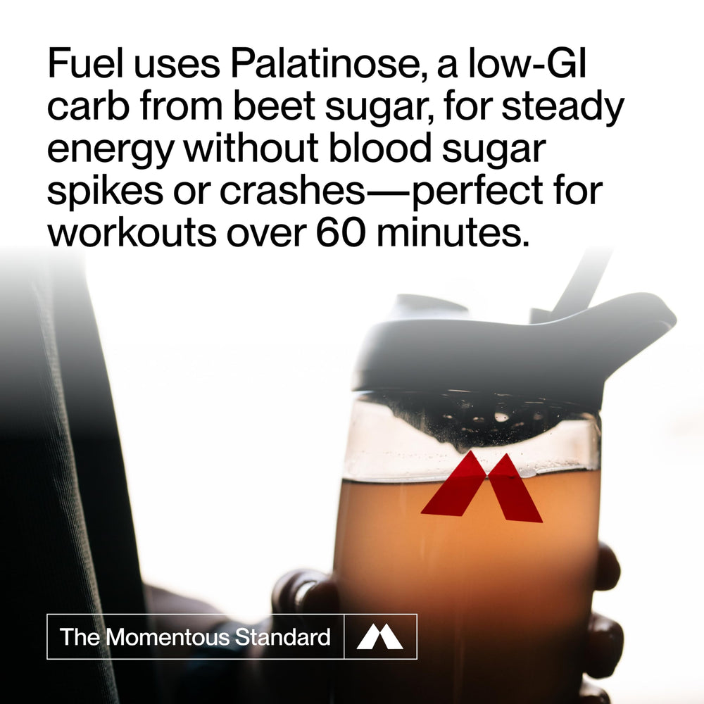 Momentous Fuel prepared drink in glass with straw for on-the-go hydration.