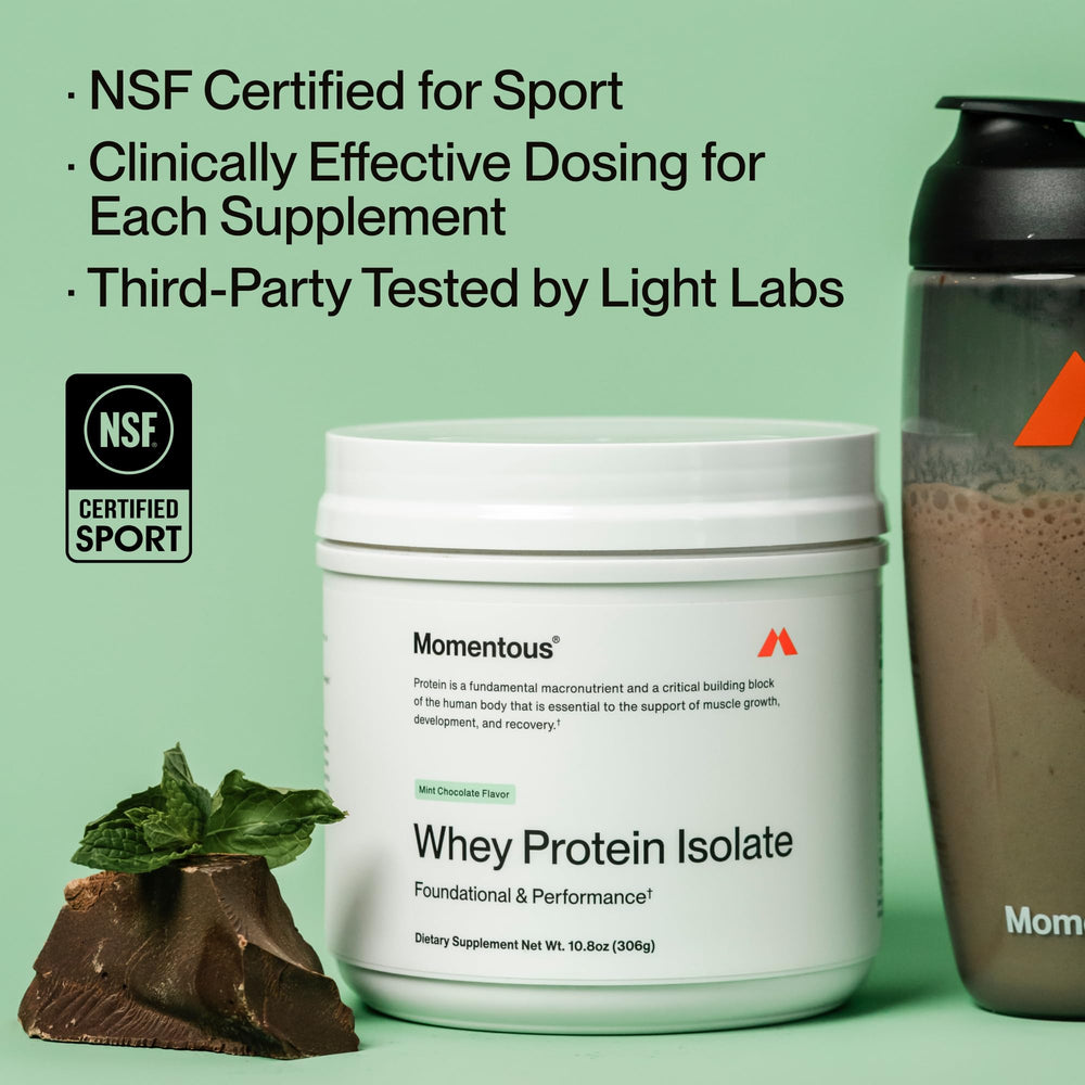 Momentous gluten-free whey packaging emphasizes dietary flexibility.