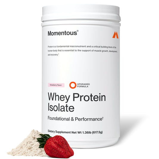 Momentous Essential Grass-Fed Whey Strawberry front-pack highlights high-quality protein for post-workout recovery.