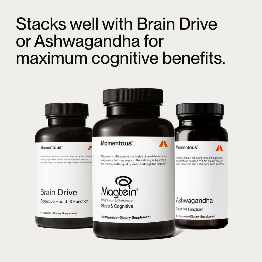 Brain illustration alongside Momentous Magtein imagery for cognitive support.