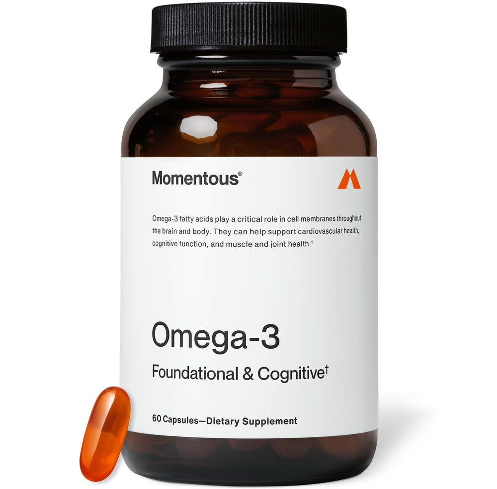 Momentous Omega-3 Fish Oil bottle front emphasizes high-potency EPA and DHA benefits.