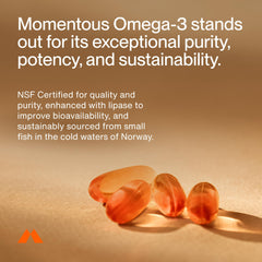Momentous Omega-3 softgels close-up shows clean capsules with no fishy aftertaste.