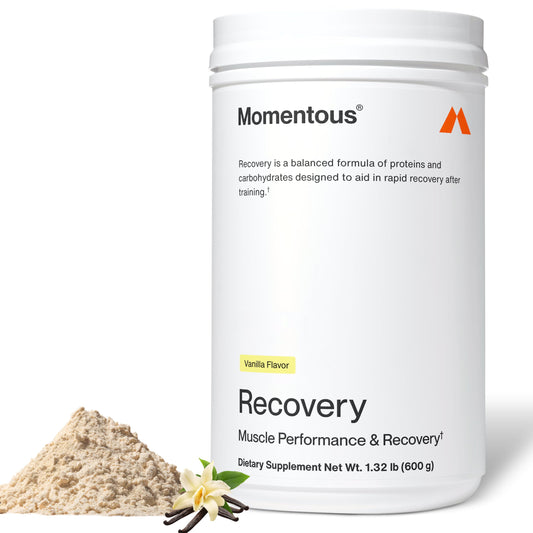 Momentous Recovery vanilla whey bottle with NSF certification for sport, ideal post-workout fueling