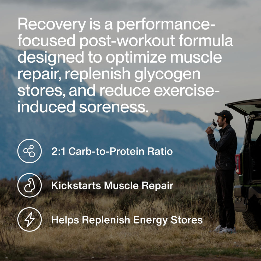 Momentous Recovery whey powder close-up highlighting rich chocolate flavor.