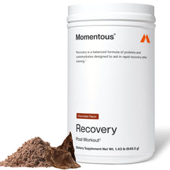 Momentous Recovery grass-fed whey protein bottle for post-workout fueling.