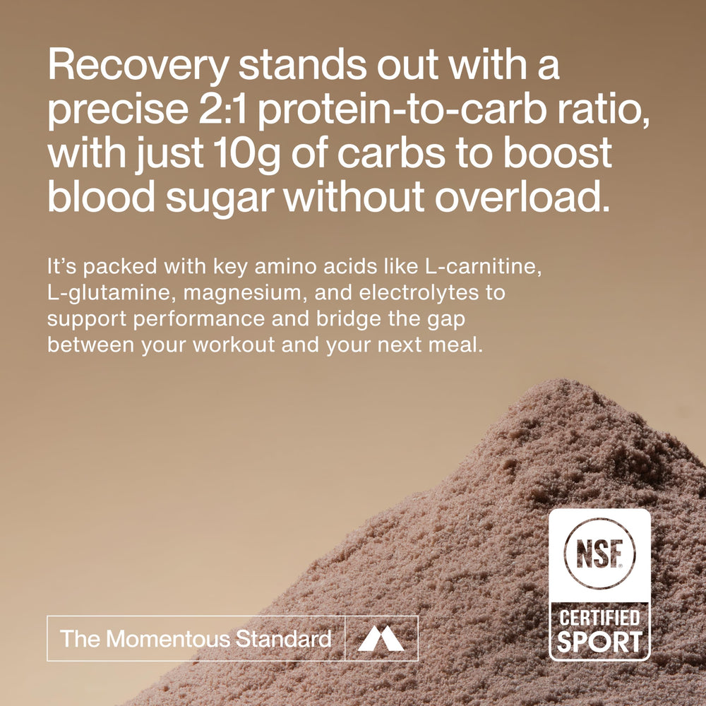 Momentous Recovery shake poured into glass for post-workout replenishment.