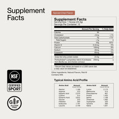 Momentous Spiced Chai Whey packaging front, gluten-free and NSF-certified highlights.