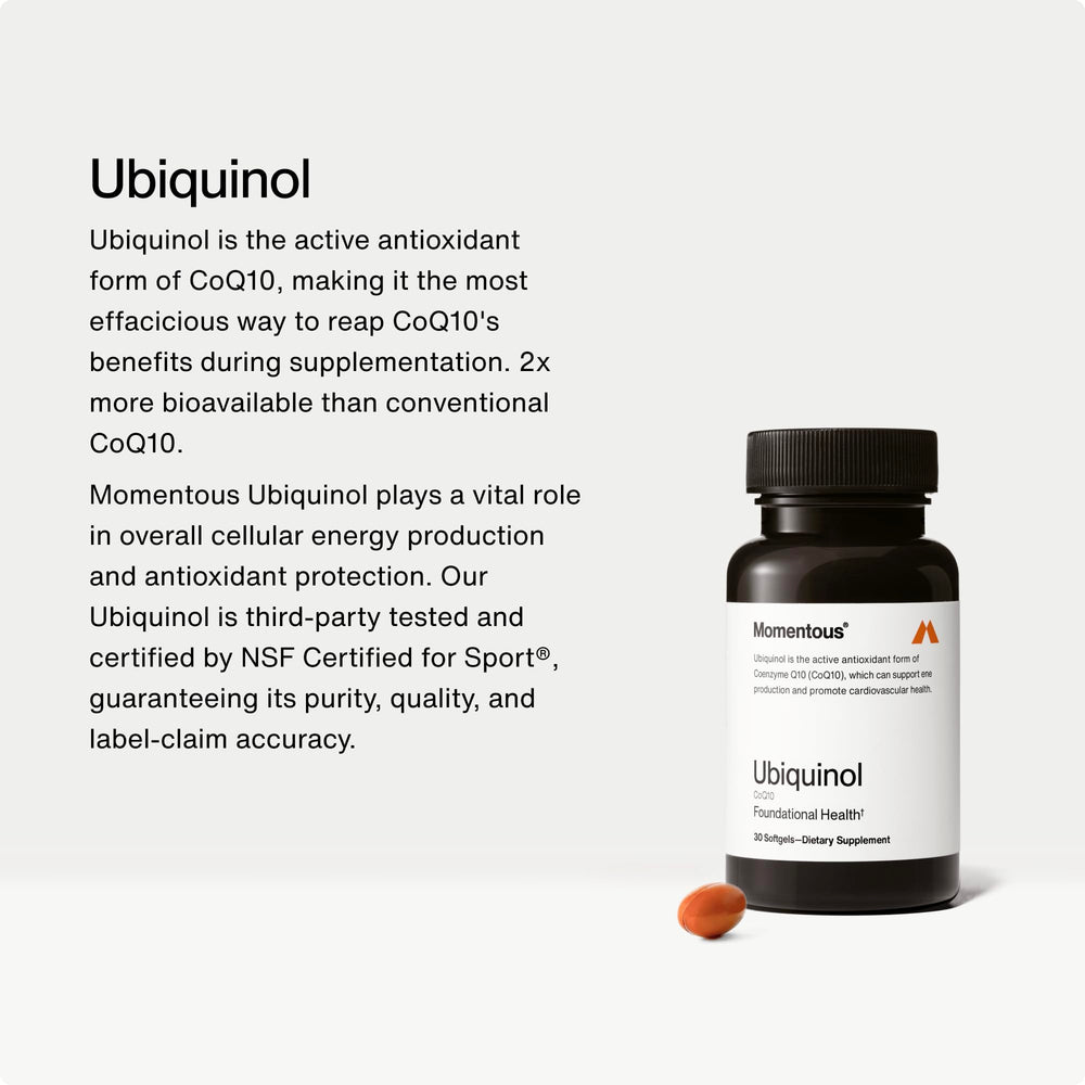 Momentous Ubiquinol softgel closeup highlights texture and bioavailable form for daily vitality.
