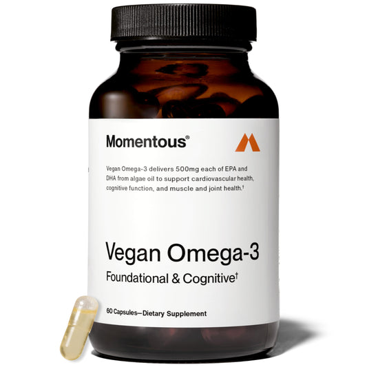 Momentous Vegan Omega-3 bottle in algae oil formula for heart and brain support.