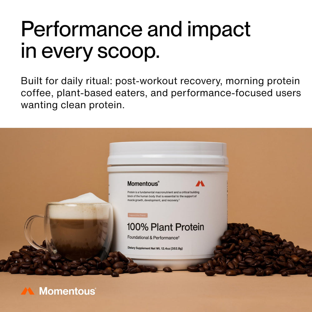 Momentous Cappuccino powder bag showing gluten-free and non-GMO features for safe protein.