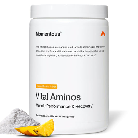 Momentous Vital Aminos Tropical Punch bottle with NSF logo, ideal for sport recovery.