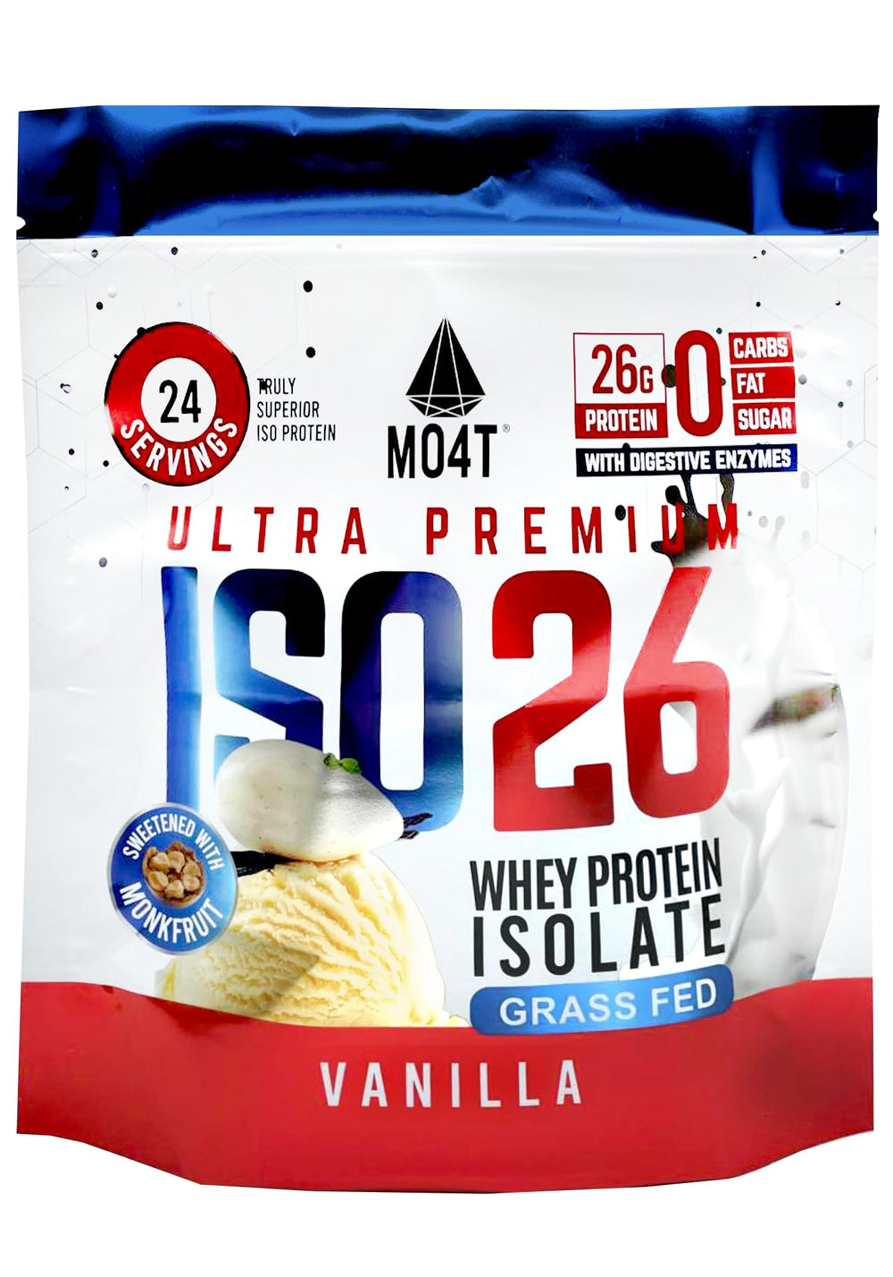 MOMOF4TRANSFORM ISO26 packaging showing grass-fed whey protein for lean muscle support