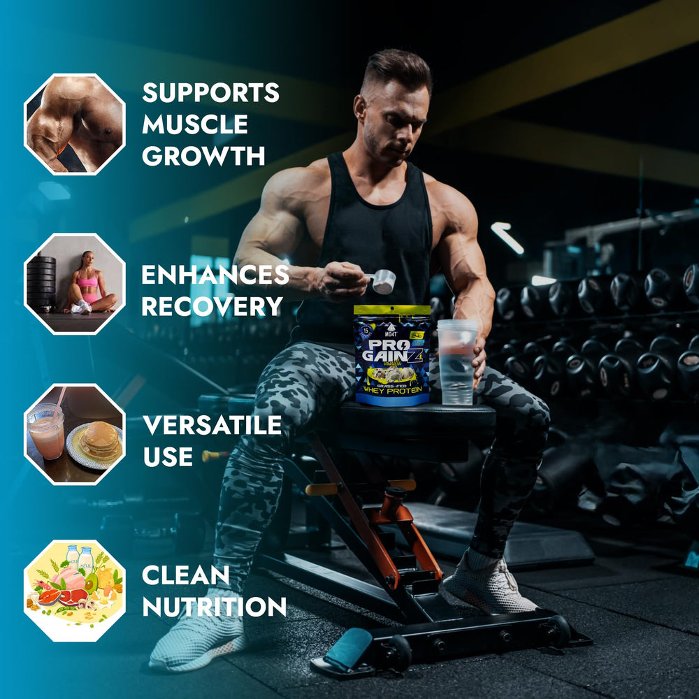 MO4T ProGainz scoop highlights 24 g protein per serving for recovery.