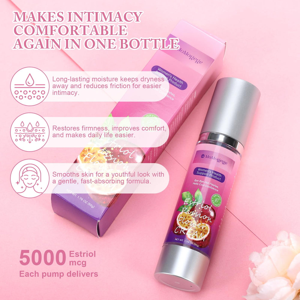 Close-up of MoMogege bioestriol cream tube highlighting lightweight formula.