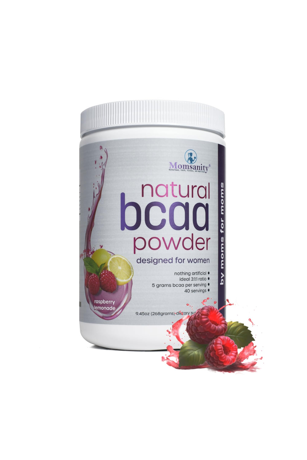 Momsanity BCAA pre-workout Raspberry Lemonade bottle ready for sustained energy.