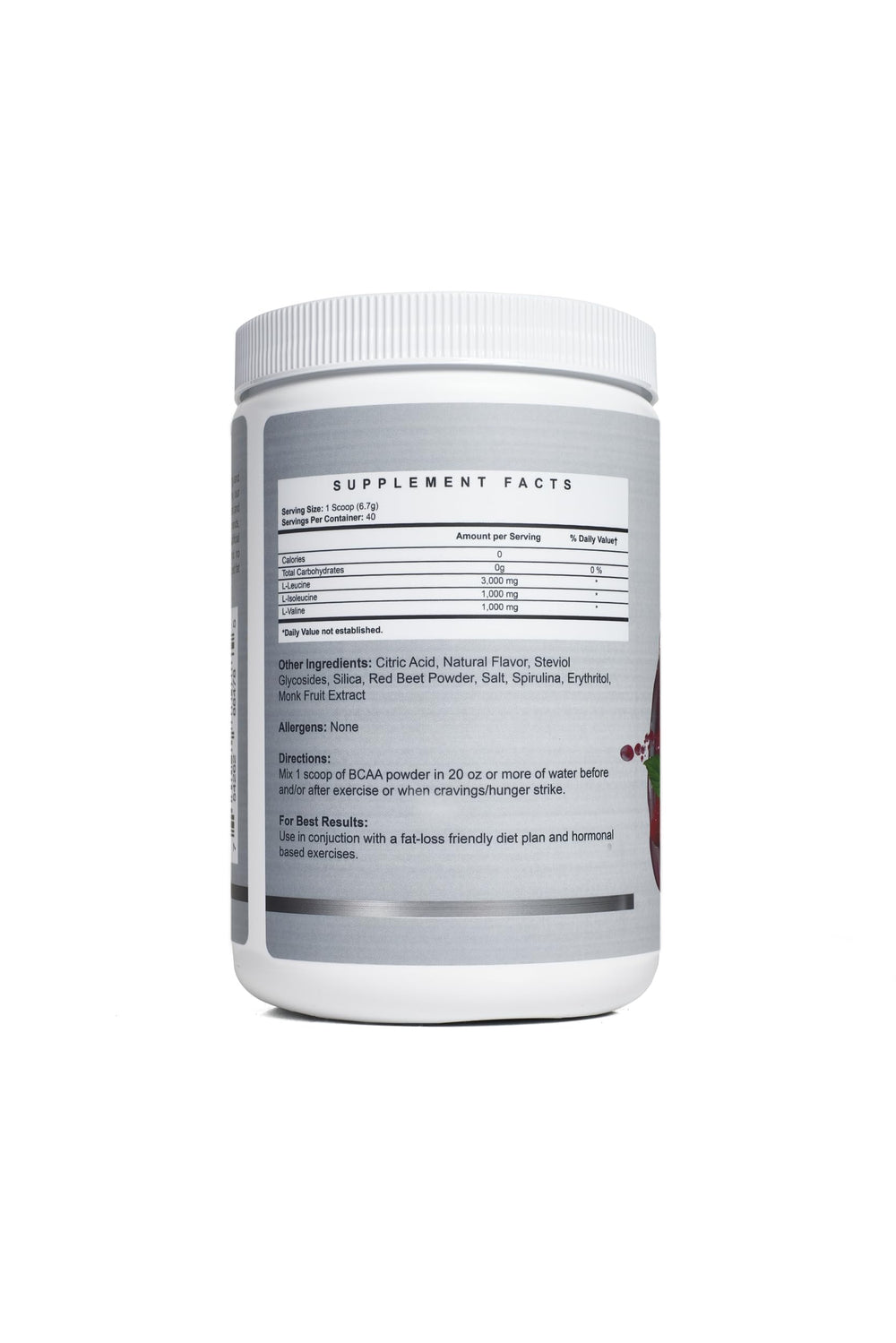 Momsanity BCAA pre-workout Raspberry Lemonade tub shows powder ideal for workouts.