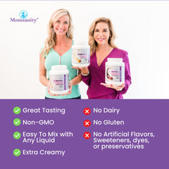 Momsanity vanilla protein scoop beside the canister, ideal for post-workout recovery.