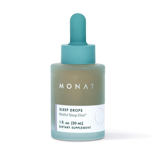 MONAT Sleep Drops bottle on nightstand promoting restful nights