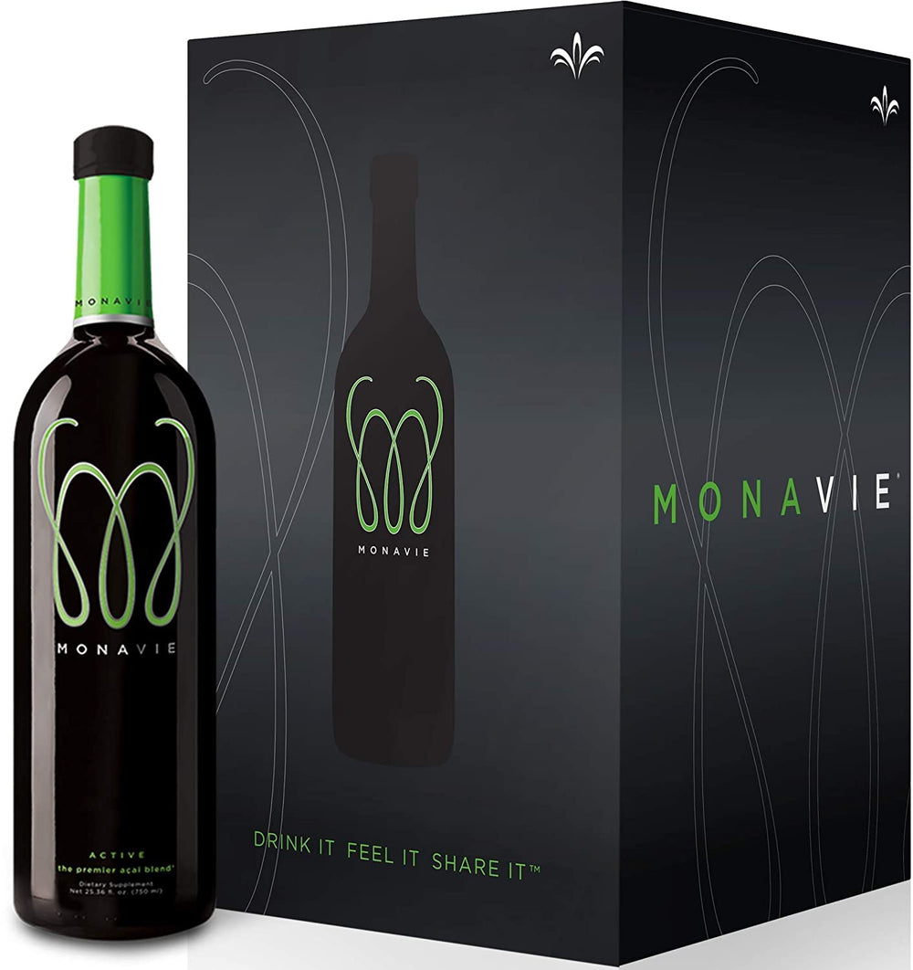 Monavie Active acai fruit blend bottle highlights antioxidant-rich formula for daily wellness.