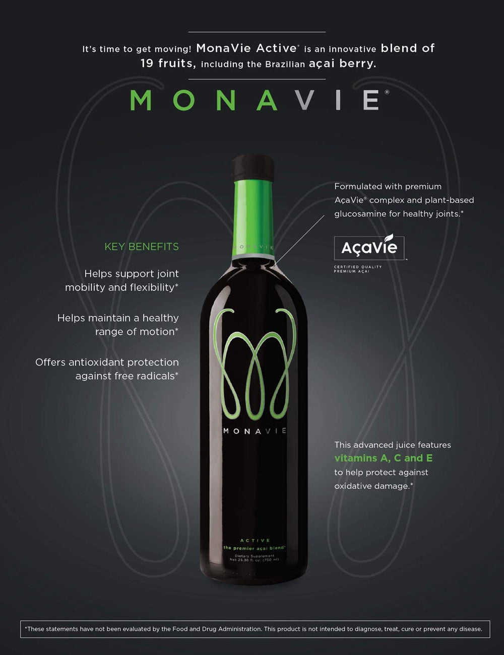 Monavie Active label closeup highlights AçaVie Complex and plant-derived ingredients.
