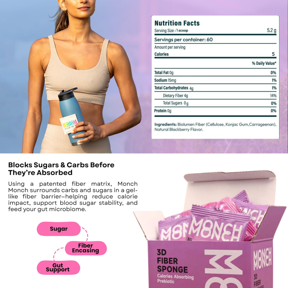 Monch Monch Forest Berry branding emphasizes vegan, sugar-free fiber support.