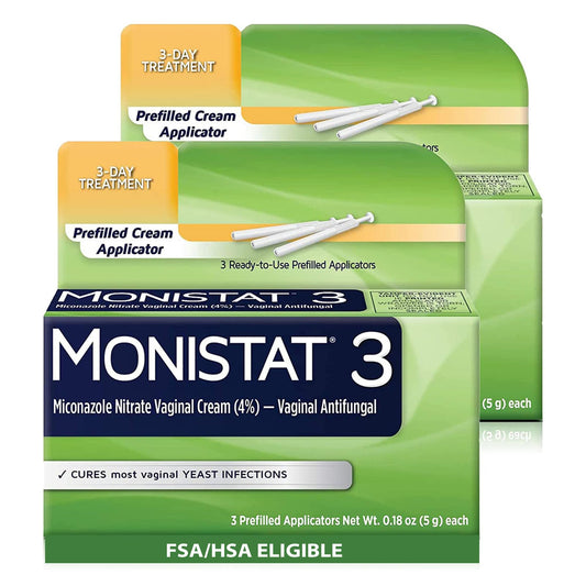Monistat 3-Day Treatment box showing a ready-to-use at-home relief kit.