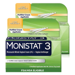 Monistat 3-Day Treatment box showing a ready-to-use at-home relief kit.