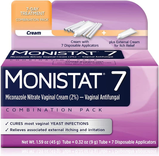Monistat 7 cream bottle for at-home symptom relief.