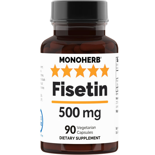 MONOHERB Fisetin 500 mg bottle closeup for daily antioxidant support